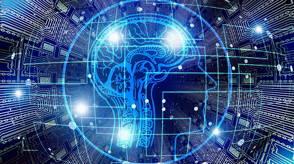 Illustration showing AI graphic on technology background