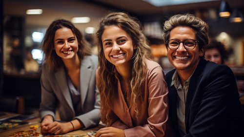 Three women looking towards camera smiling